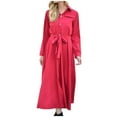 thumbnail image 1 of safuny Midi Dress with Pocket for Women Solid Color Long Sleeve Lapel Neck Dress Button Elegant Leisure Retro Holiday Beach Trendy Clothing Summer Red, 1 of 8