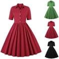 thumbnail image 1 of safuny Clearance Midi A Line Dress for Women Solid Color Short Sleeve Lapel Neck Dress Button Elegant Leisure Retro Holiday Beach Trendy Clothing Summer Black L, 1 of 5