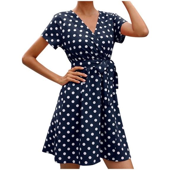 safuny Mini Loose Dress for Women Polka Dot Short Sleeve V Neck Dress Bandage Elegant Leisure Retro Holiday Beach Trendy Clothing Summer Navy XL