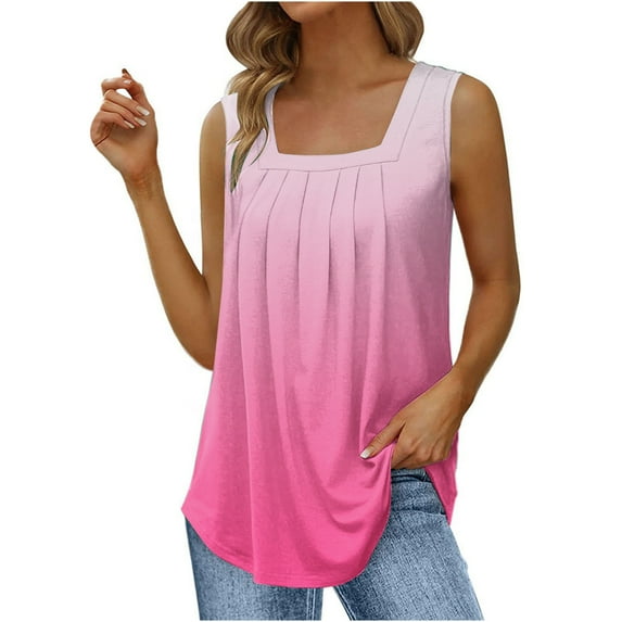 safuny Summer Women's Trendy Flowy Swing Tunic Tank Top Gradient Cami Top Sleeveless Vest Square Neck Top Elegant Pleated Fit Clothing Fashion Pink S