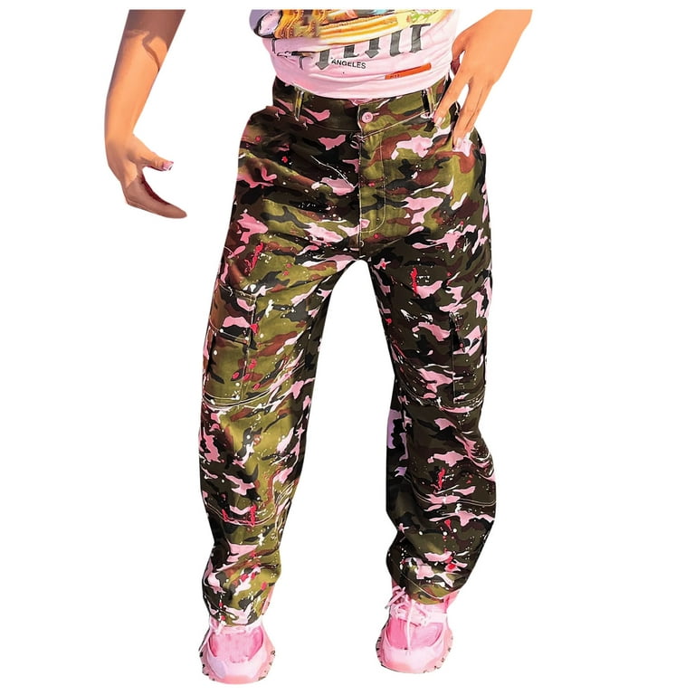 safuny Clearance Women's Camouflage Cargo Pants Casual Comfy Pocket Girls  Teen Relaxed High Waist Button Trousers Trendy Pink XXL 