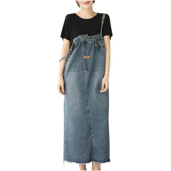 safuny Women's Dress Bandage High Waist Denim Jacket Jean Long Dresses Comfy Casual Dressy Loose Plus Size Lapel Sleeveless Solid Color For Mujer Elegante Blue L