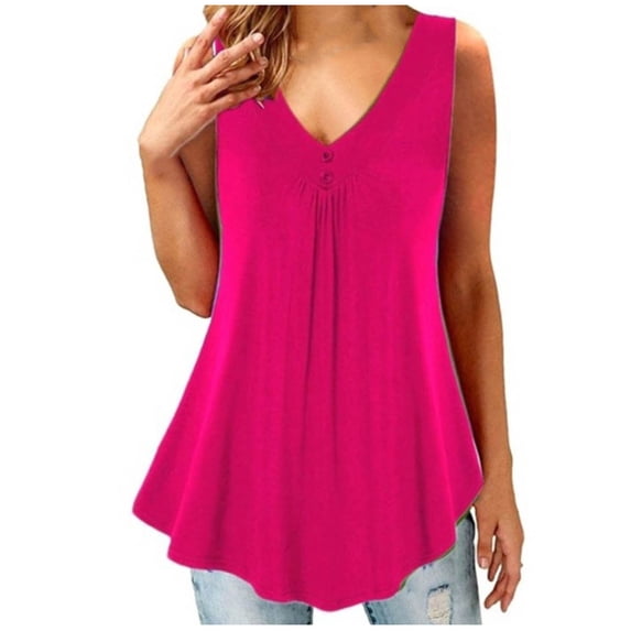 safuny Clearance Women's Flowy Swing Tunic Tank Tops Solid Pleated Retro Cami Tops Sleeveless V Neck Vest Button Leisure Fit Beach Blouses Fashion Summer Hot Pink L