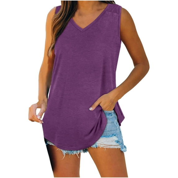safuny Clearance Women's Loose Tank Tops Solid Sequined Retro Cami Tops Sleeveless V Neck Vest Elegant Casual Fit Beach Blouses Fashion Summer Purple L