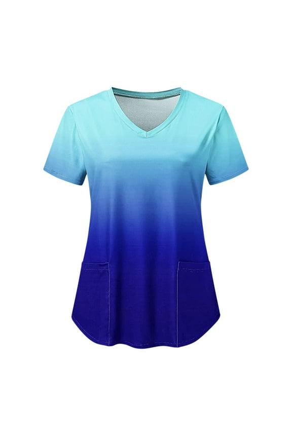 Women's Scrubs with Pocket Gradient Tees Short Sleeve Shirts V Neck Pullover Nursing Working Uniform Fit Trendy Clothing Fashion Summer Blue XXL