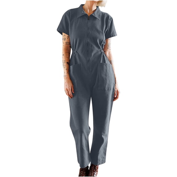 safuny Women's Wide Leg Jumpsuit Overalls Fall Solid V Neck Retro Relaxed Casual Daily Short Sleeve Cold Shoulder Girls Trousers Trendy Gray M
