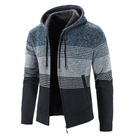 safuny Coats for Men Striped Drawstring Hooded Dressy Loose knit Cardigan Open Front Zipper Warm For Elegant Sueras Mujer Fall Fashion Shacket Jacket Comfy Casual Long Sleeve Blue L