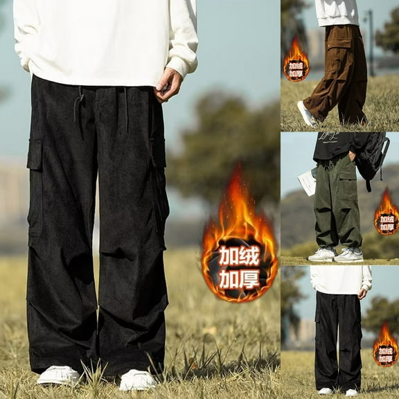 safuny Corduroy Trends Baggy Cargo Pants Men Wide Casual Parachute Pants Men Jogger Drawstring Hiking Hip Hop Pants with Pocket Green L