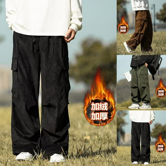 safuny Corduroy Trends Baggy Cargo Pants Men Wide Casual Parachute Pants Men Jogger Drawstring Hiking Hip Hop Pants with Pocket Green L