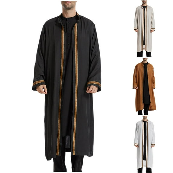 safuny Cotton Islamic Thobe for Men Solid Color Henley Shirts Fall Long Sleeve Long Gown Thobe Workout Stand Collar Button Kaftan Muslim Long Robe Pockets Beige L