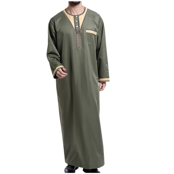 safuny Crew Neck Button Islamic Thobe for Men Fashion Kaftan Muslim Long Robe Pockets Fall Long Sleeve Long Gown Thobe Workout Solid Color Henley Shirts Green S