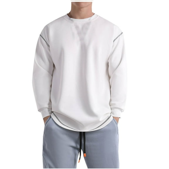 safuny Crew Neck Shirts Relaxed Loose Tops for Men Fashion Solid Color Pullover Long Sleeve Tees Fall Outwear Casual Cotton Sweatshirts White XXL