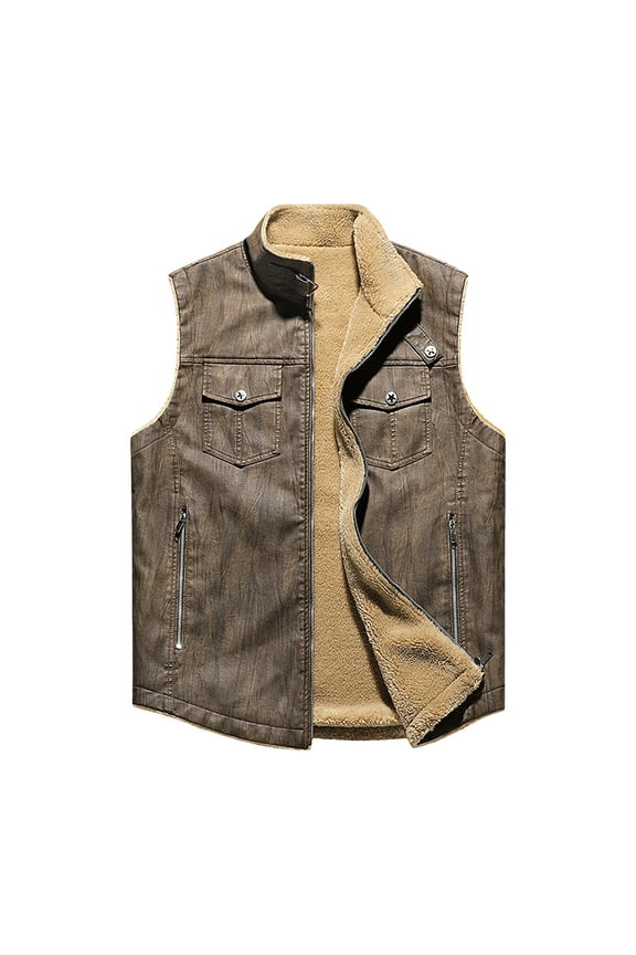Denim sleeveless jacket Men Lapel Fleeve Lined Outerwear Casual Jean sleeveless jacket Zip Jackets Coffee L