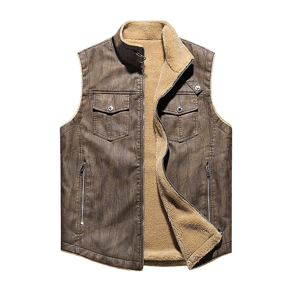 safuny Denim sleeveless jacket Men Lapel Fleeve Lined Outerwear Casual Jean sleeveless jacket Zip Jackets Coffee XL