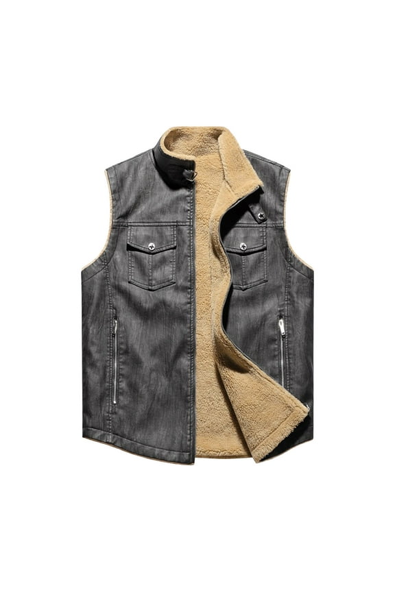 Denim sleeveless jacket Men Lapel Fleeve Lined Outerwear Casual Jean sleeveless jacket Zip Jackets Gray XL