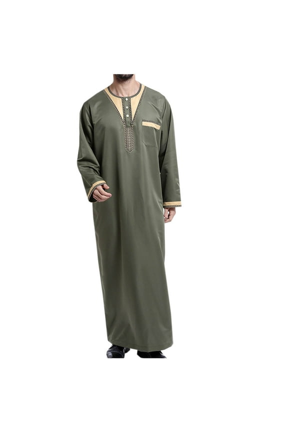 Fall Long Sleeve Long Gown Thobe Islamic Thobe for Men Fashion Kaftan Muslim Long Robe Pockets Crew Neck Button Workout Solid Color Henley Shirts Green M
