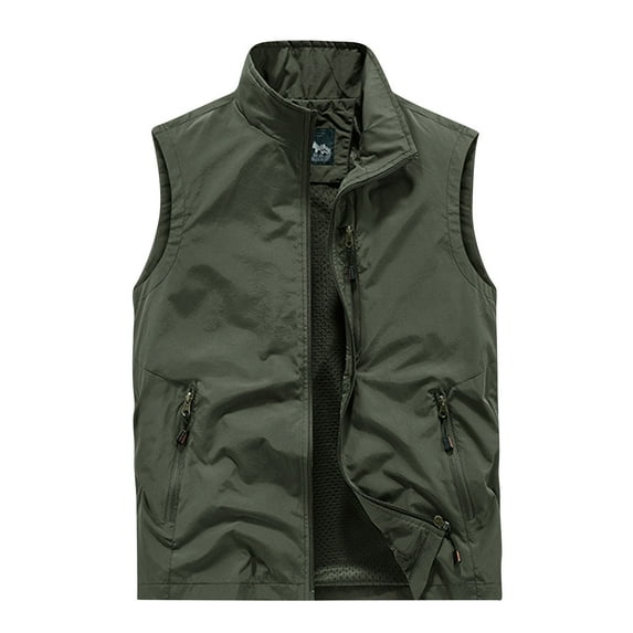 safuny Fall Sleeveless Stand Collar Lightweight Fishing Travel Vest for Men Golf Jacket Multi Pockets Zipper Outerwear Vests Workout Photo Cargo Vest Hiking Green XL
