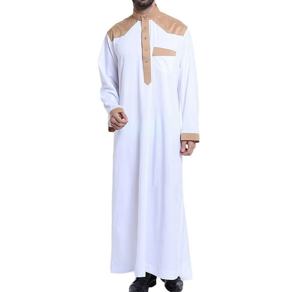 safuny Fashion Solid Color Henley Shirts Islamic Thobe for Men Kaftan Muslim Long Robe Pockets Stand Collar Button Fall Long Sleeve Long Gown Thobe Workout Clearance White L