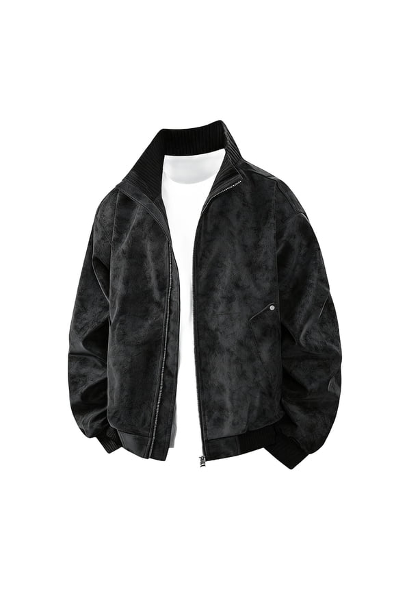 Fashionable Leather Zip Pocket Long Sleeve Stand Collar Jacket Casual Wear Outdoor Stylish Soft Breathable able Men’s Clothing Black L