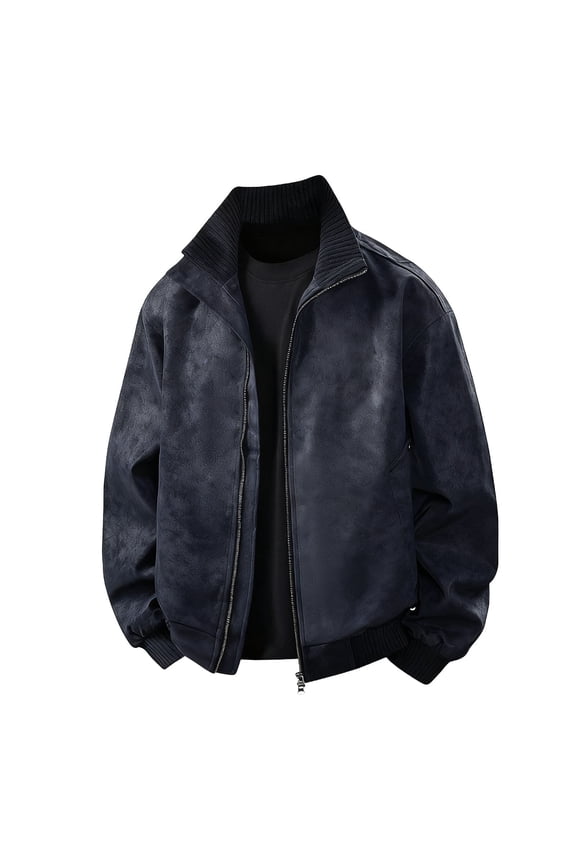 Fashionable Leather Zip Pocket Long Sleeve Stand Collar Jacket Casual Wear Outdoor Stylish Soft Breathable able Men’s Clothing Blue S