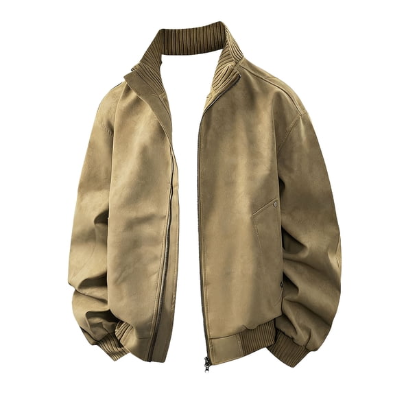 safuny Fashionable Leather Zip Pocket Long Sleeve Stand Collar Jacket Casual Wear Outdoor Stylish Soft Breathable able Men’s Clothing Khaki XL