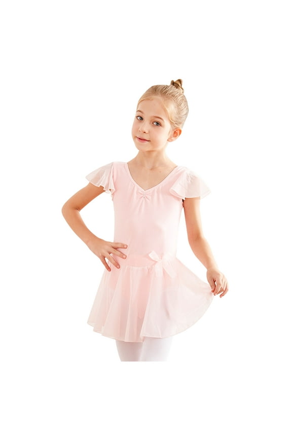 Girls's Ballet One-Piece Gym Suit Solid Mesh V Neck Lovely Comfy Fit Flying Sleeve Training Dance Leotard Clothes Vintage Holiday Princess Dress Pink 3-15Y