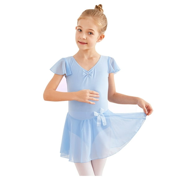 safuny Girls's Ballet One-Piece Gym Suit Clearance Solid Mesh V Neck Lovely Comfy Fit Flying Sleeve Training Dance Leotard Clothes Vintage Holiday Princess Dress Blue 3-15Y