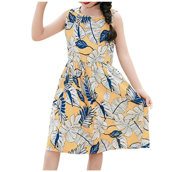 safuny Girls's A Line Dress Clearance Tropical Leaf Lovely Princess Dress Sleeveless Comfy Fit Round Neck Pleated Swing Hem Vintage Holiday Yellow 3-15Y