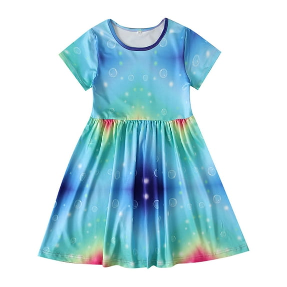 safuny Girls's A Line Dress Teens Rainbow Tie Dye Lovely Round Neck Pleated Swing Hem Vintage Holiday Short Sleeve Comfy Fit Princess Dress Blue 4-9Y