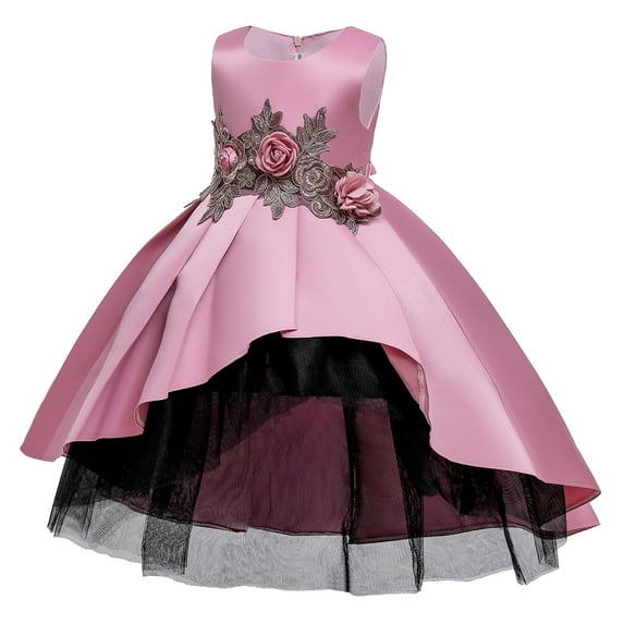 safuny Girls's Party Gown Birthday Dress Clearance Floral Bowknot Mesh Swing Hem Sleeveless Princess Dress Lovely Comfy Fit Vintage Round Neck Holiday Pink 3-10Y