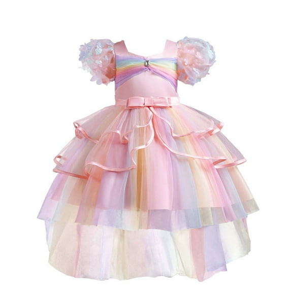 safuny Girls's Party Gown Birthday Dress Solid Sequin Comfy Fit Round Neck Tiered Mesh Ruffle Hem Vintage Puff Sleeve Princess Dress Holiday Lovely Pink 130