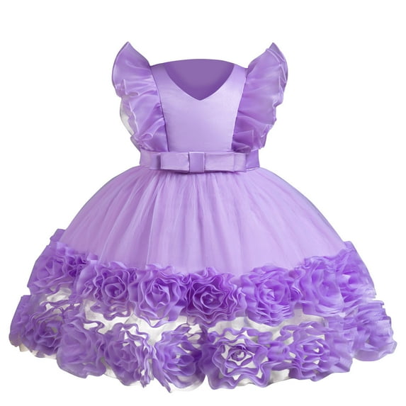 safuny Girls's Party Gown Birthday Dress Floral Bowknot Mesh Swing Hem Sleeveless Princess Dress Lovely Comfy Fit Vintage Round Neck Holiday Purple 3-4Y