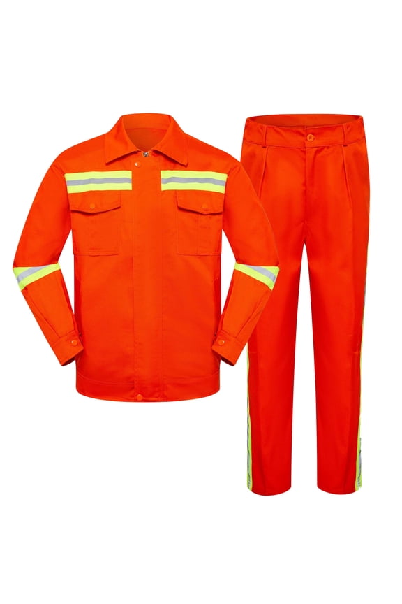 High Visibility Workwear Suits for Men Long Pants Reflective Strips Long Sleeve Jacket Two Piece Outfits Sweatsuits Zipper Spring Tracksuits Pockets Orange XL