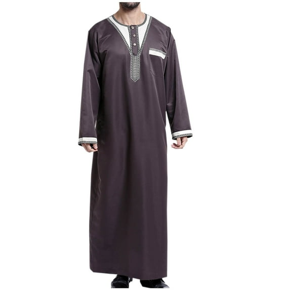 safuny Islamic Thobe for Men Fashion Solid Color Henley Shirts Fall Long Sleeve Long Gown Thobe Kaftan Muslim Long Robe Pockets Crew Neck Button Workout Brown S