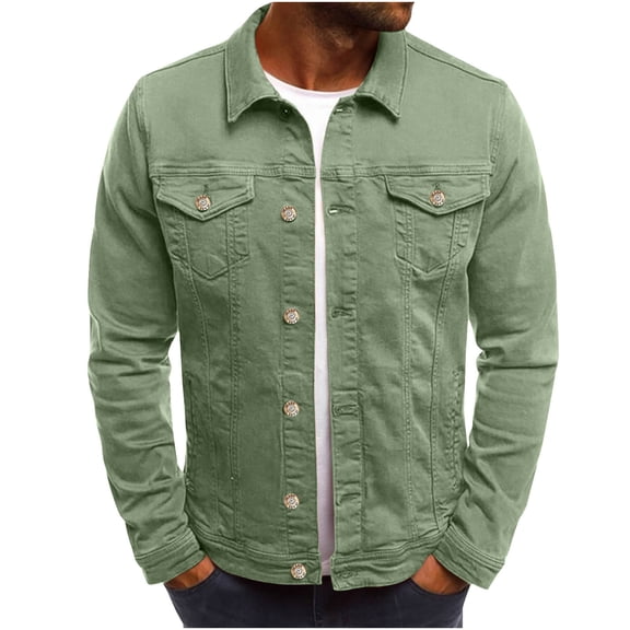 safuny Jean Denim Jacket for Men Winter Button Solid Color Vintage Jacket Tops Blouse Coat Christmas Long Sleeve Casual Outwear Work Sports Army Green XXL