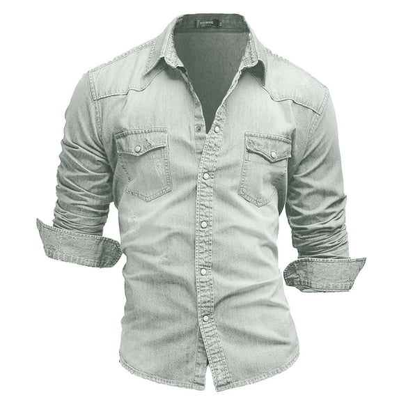 safuny Jean Denim Jacket for Men Winter Button Solid Color Vintage Jacket Tops Blouse Coat Christmas Long Sleeve Casual Outwear Work Sports Light Blue L