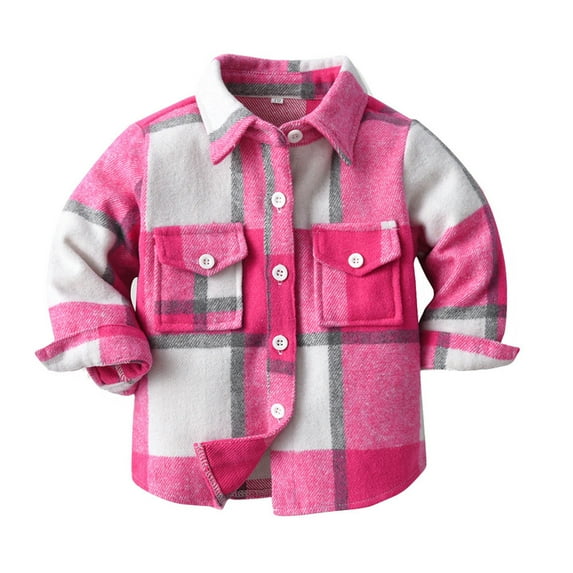 safuny Kids Toddler Flannel Shirt Jacket Long Sleeve Shacket Baby Boys Girls Fall Shirt Coat Outwear Pocket Button Childs Clothes Playwear Long Sleeve Plaid Jacket Hot Pink 70