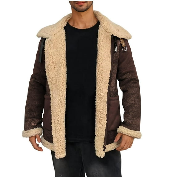 safuny Lined Fleece Jacket Men Fall Zipper Coat Faux Sheepskin Leather Jackets Casual Warm Winter Coats Coffee L
