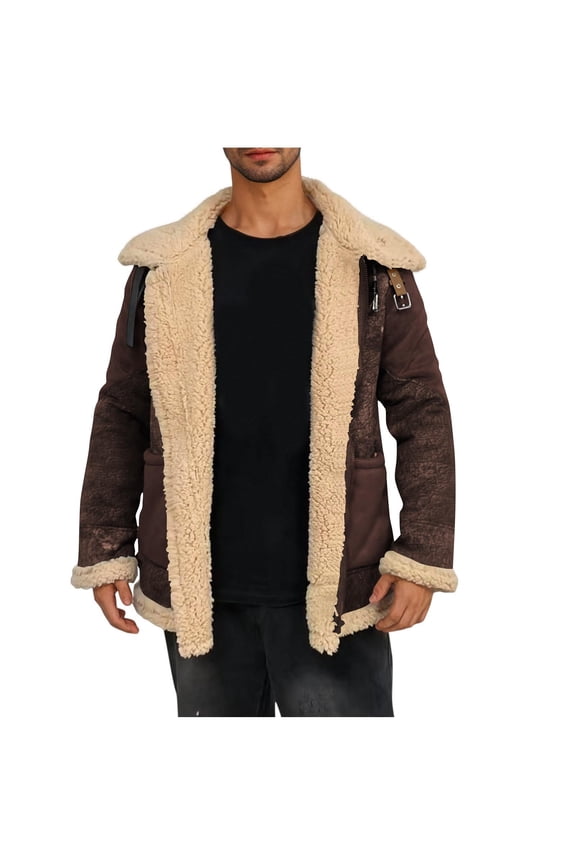 Lined Fleece Jacket Men Fall Zipper Coat Faux Sheepskin Leather Jackets Casual Warm Winter Coats Coffee M