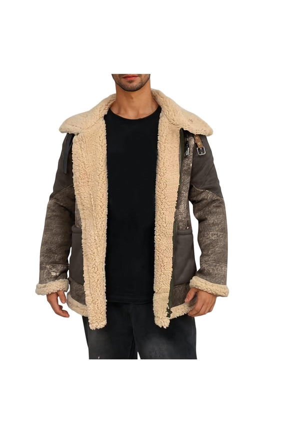 Lined Fleece Jacket Men Fall Zipper Coat Faux Sheepskin Leather Jackets Casual Warm Winter Coats Dark Gray S