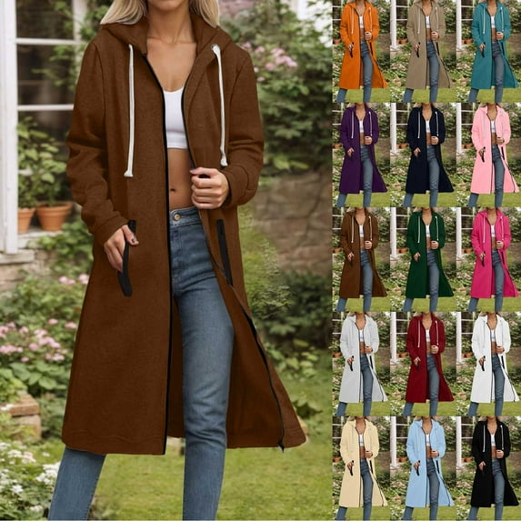 safuny Long Hoodies for Women Zip Up Hooded Sweatshirt Casual Long Sleeve Fleece Long Coat with Pockets Wine _0 M