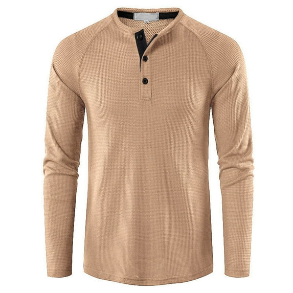 safuny Loose Basic Pullover Shirts for Men Long Sleeve Athletic Quarter Button Comfy Daily Casual Holiday Solid Color Fashion Beige M