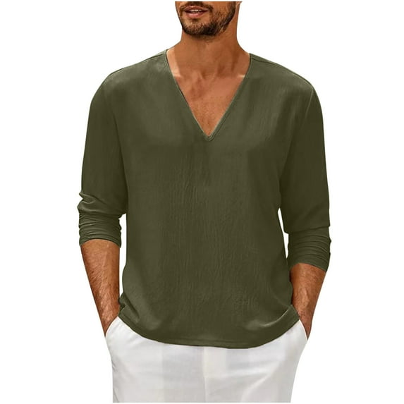 safuny Loose Cotton Lightweight Shirts for Men Solid Color Long Sleeve Athletic V Neck Comfy Daily Casual Holiday Fashion Army Green XL
