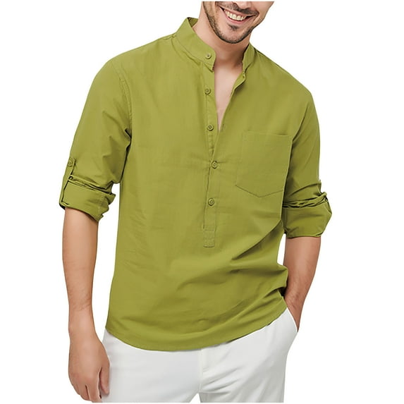 safuny Loose Cotton Shirts Spring for Men Long Sleeve Athletic Comfy Daily Casual Solid Color Lapel Button-Up Holiday Fashion Green L