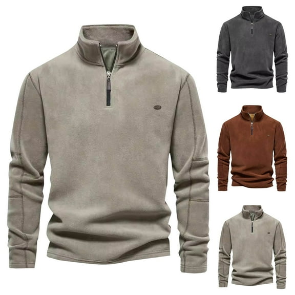 safuny Loose Fleece Tops for Men Fashion Solid Color Pullover Quarter Zipper Stand Collar Shirts Relaxed Outwear Casual Sweatshirts Long Sleeve Tees Fall Brown L