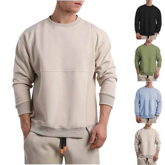 safuny Loose Pullover Sports Sweatshirts for Men Long Sleeve Athletic Crew Neck Comfy Daily Casual Holiday Sales Fashion Clearance Solid Color Beige L