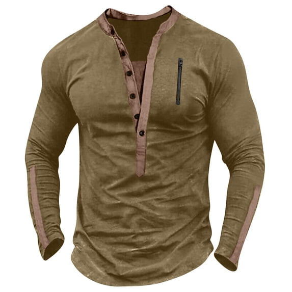 safuny Loose Retro Pullover Shirts for Men Fashion Long Sleeve Athletic V Neck Button Comfy Daily Casual Holiday Sales Clearance Solid Color Khaki M