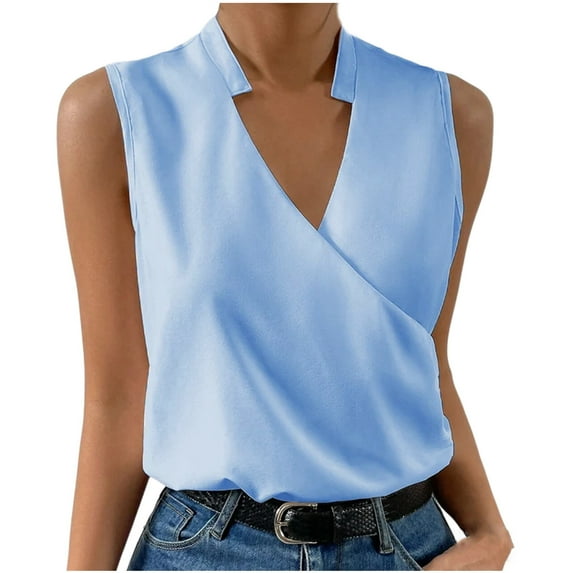 safuny Loose Tank Tops for Women Solid Color Retro Camisole Sleeveless V Neck Vest Elegant Casual Relaxed Beach Blouses Fashion Summer Sky Blue XXXL