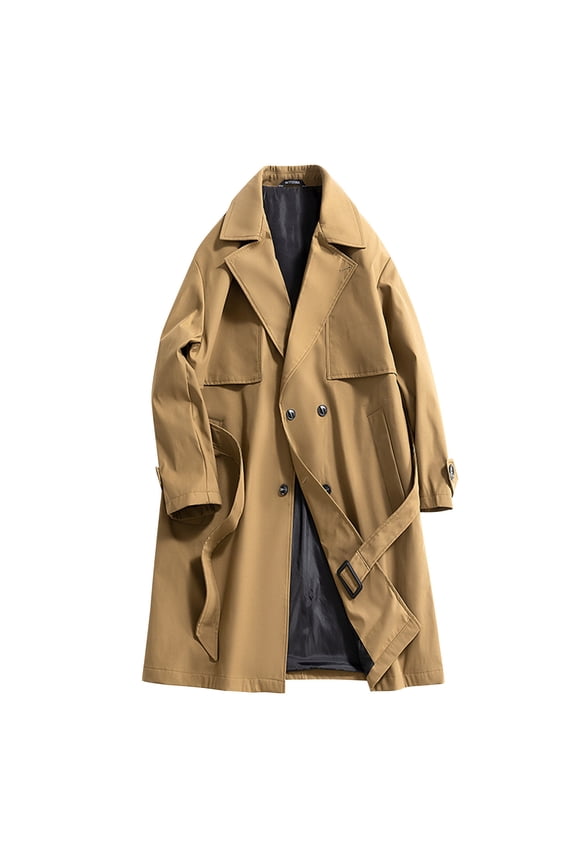 Men Double Breasted Mid Long Trench Coat with Belt Lightweight Windbreaker Long Duster Fall Overcoat Coffee L