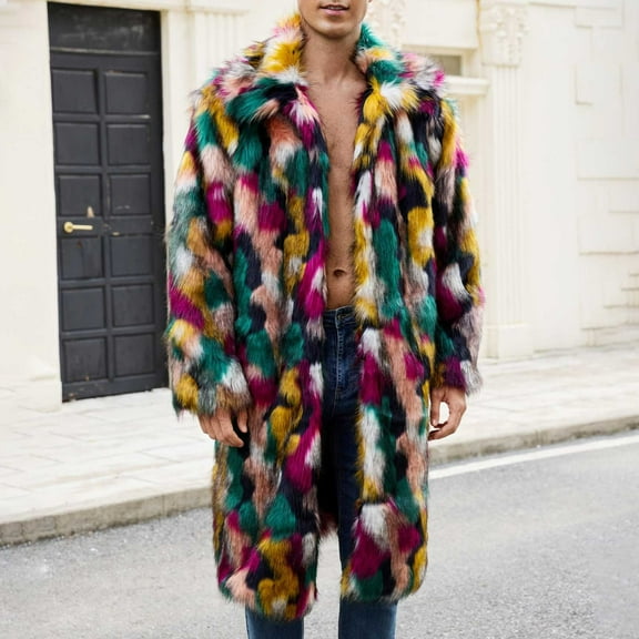 safuny Men Mid Long Casual Faux Mink Coat Breasted Business Faux Cozy Fur Jacket Winter Classic Fur Lapel Outerwear Multicolor L